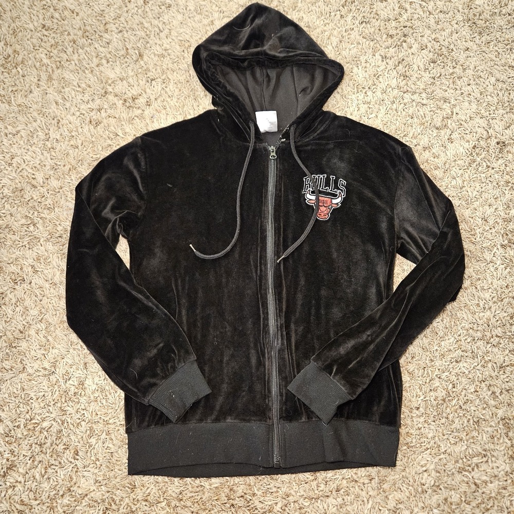 NBA Chicago Bulls Women Black Velour Full Zip Hoodie Sweatshirt Size XS